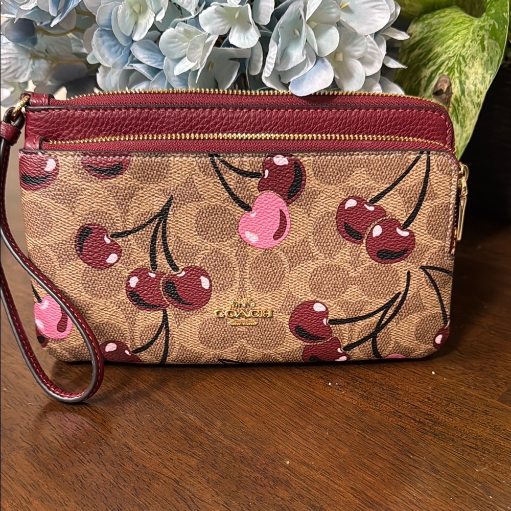 Coach Brown and Red Cherry Print Wristlet